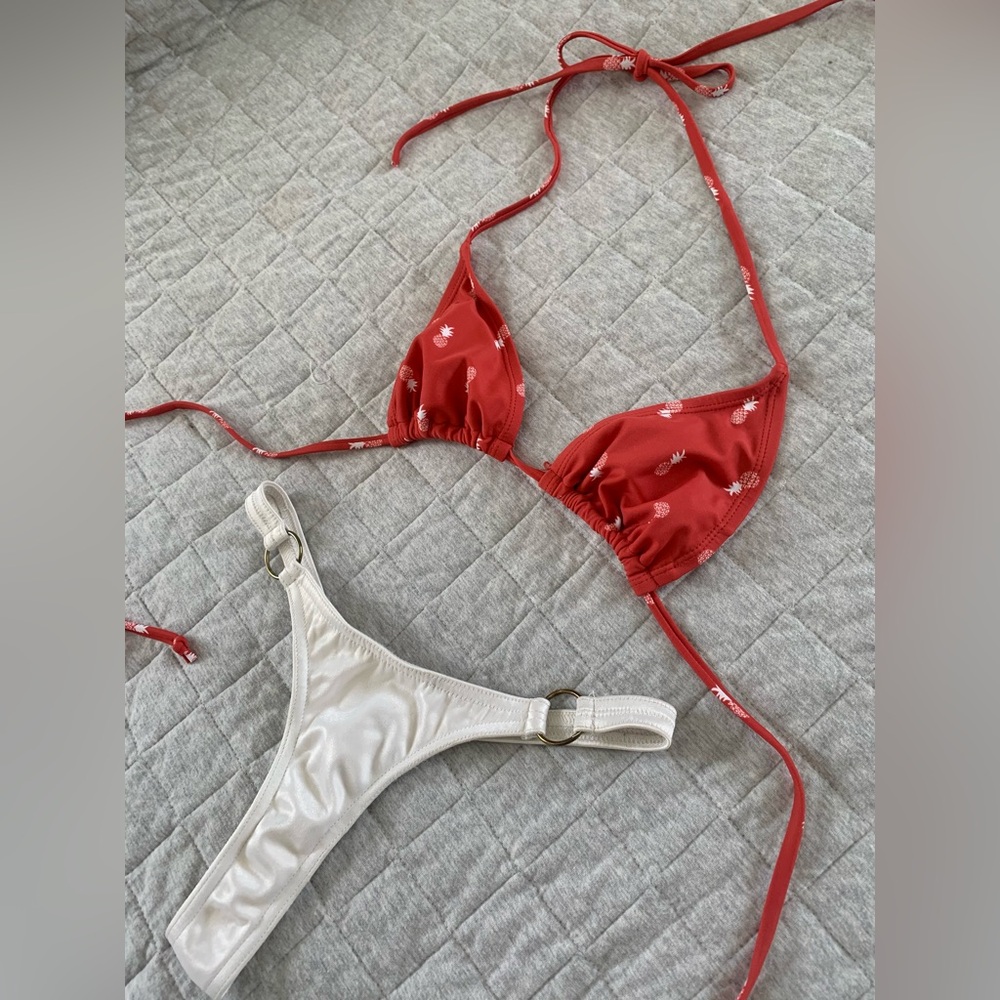 Demi’s swimwear terra cotta white mini pineapple print triangle bikini top